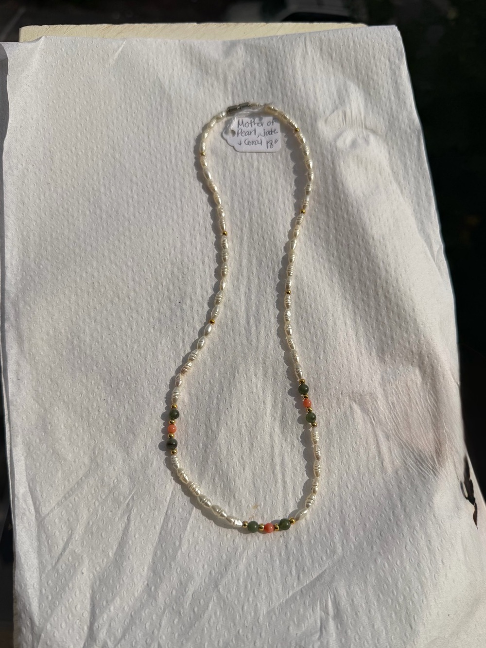 Vintage Mother of Pearl Necklace with Green jade and Coral Accent Beads